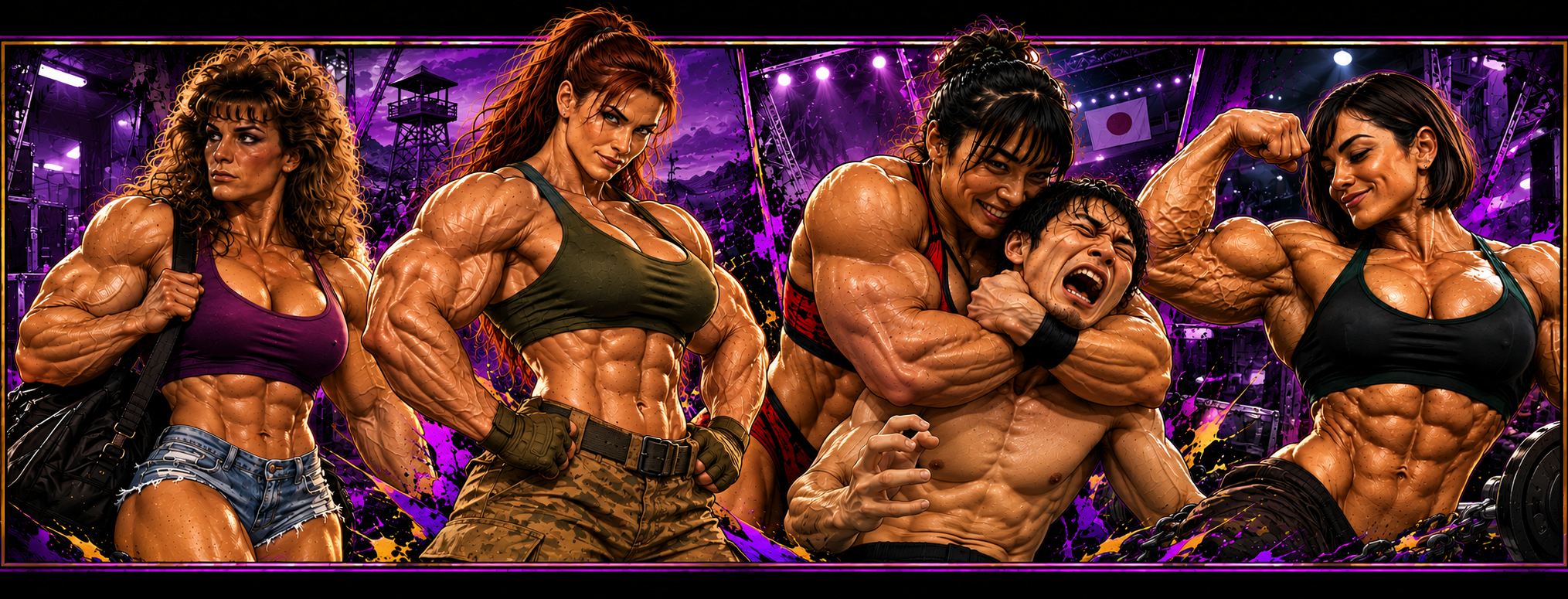 Muscle Muses — illustrated heroines in a purple and gold arena
